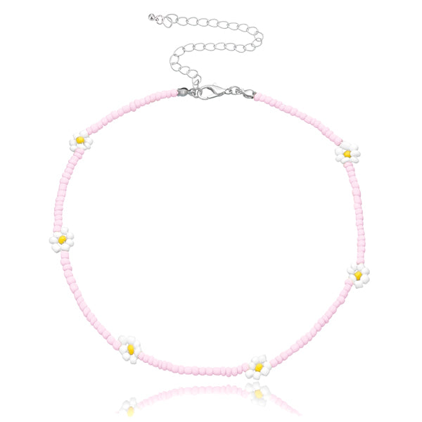 Pink beaded flower choker necklace
