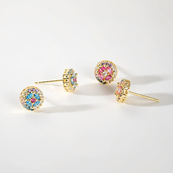 Flower stud earrings made of colorful cubic zirconia and gold vermeil