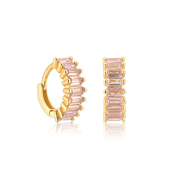 Small gold hoop earrings with pink rectangle emerald-cut cubic zirconia stones