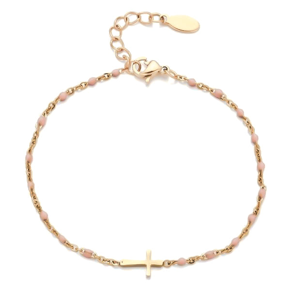 Gold cross bracelet with pink beads