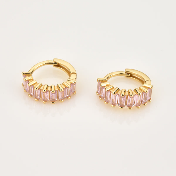 Small gold huggie hoop earrings with pink rectangle emerald-cut cubic zirconia stones