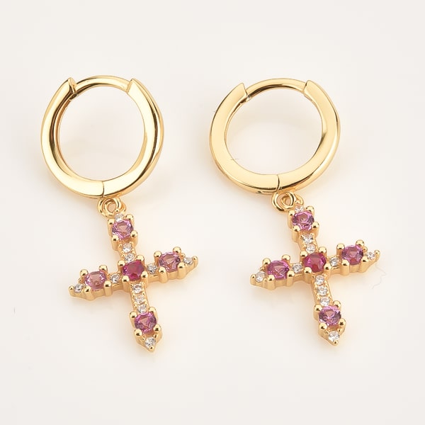 Pink crystal cross huggie hoop earrings detail