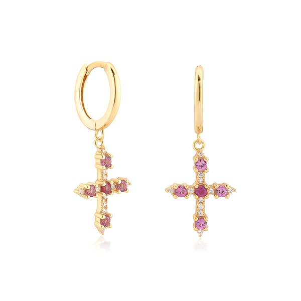 Pink crystal cross huggie hoop earrings