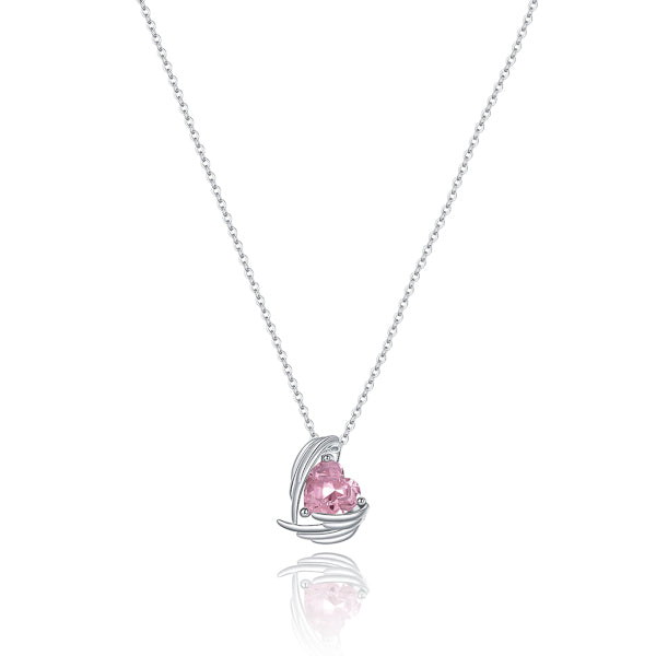 Pink crystal heart and angel wings pendant on a silver chain