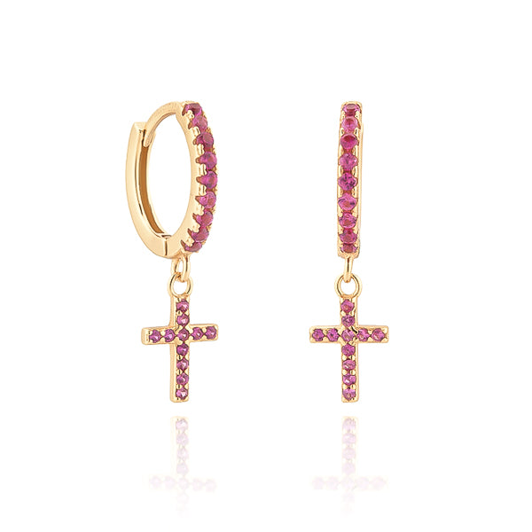Gold cross huggie hoop earrings with pink crystals