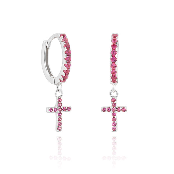 Silver cross huggie hoop earrings with pink crystals