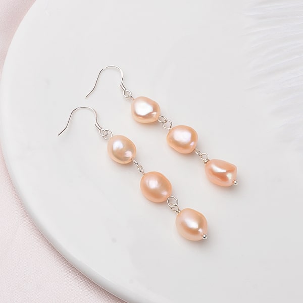 Pink triple pearl drop earrings details