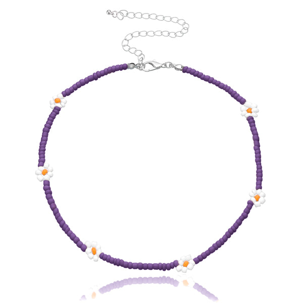 Purple beaded flower choker necklace