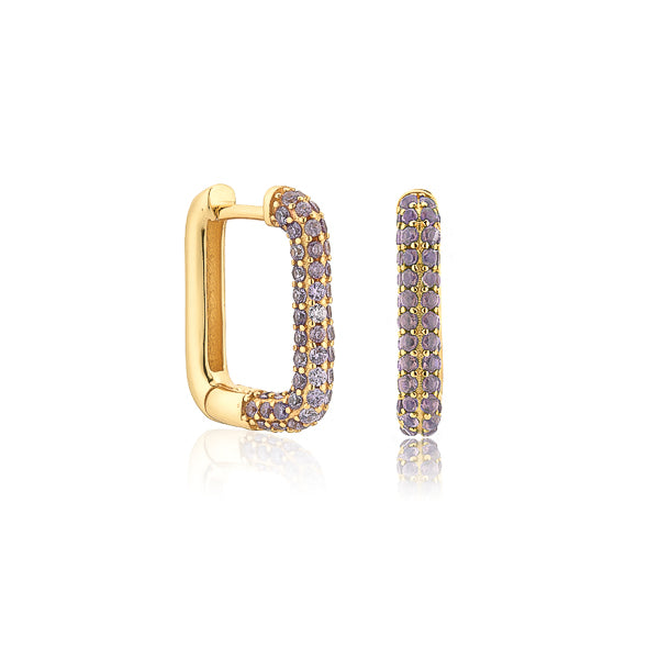 Purple and gold cubic zirconia pavé square hoop earrings