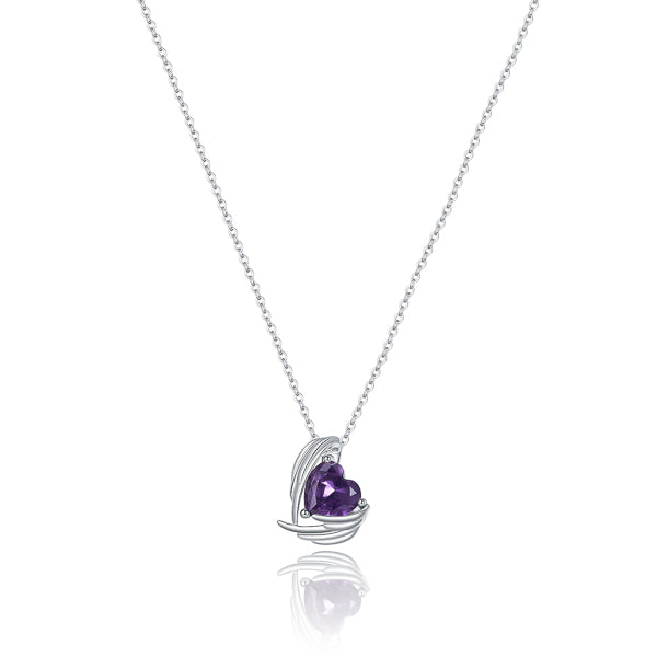 Purple crystal heart and angel wings pendant hanging from a silver necklace