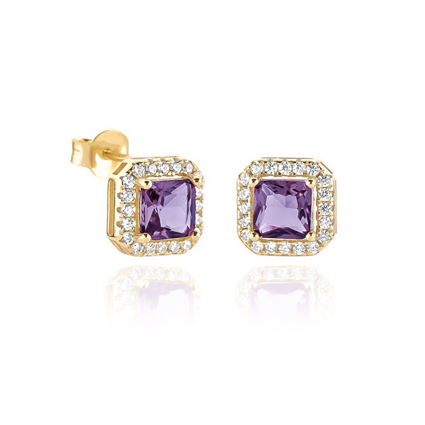 Purple and gold square halo stud earrings
