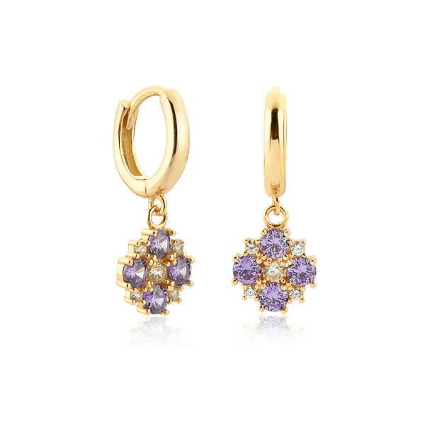 Purple mosaic flower huggie hoop drop earrings