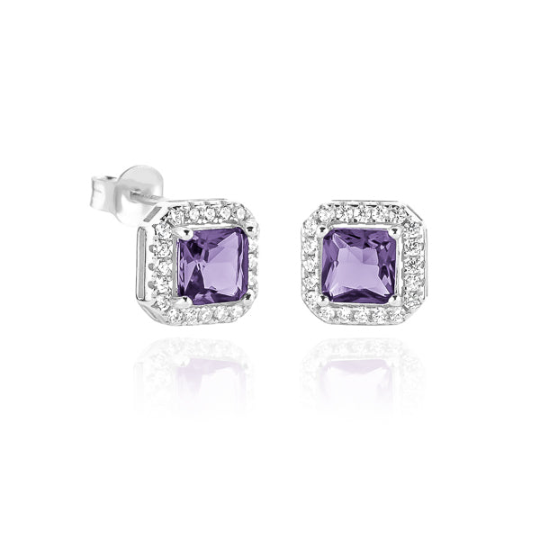 Purple and silver square halo stud earrings