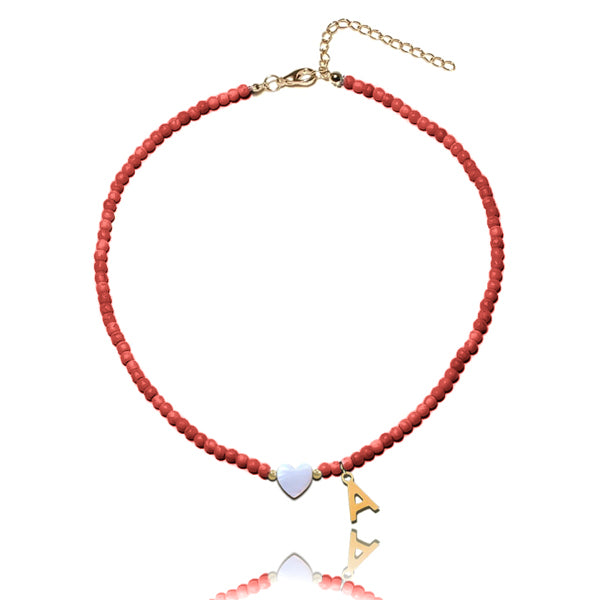 Red beaded initial choker necklace