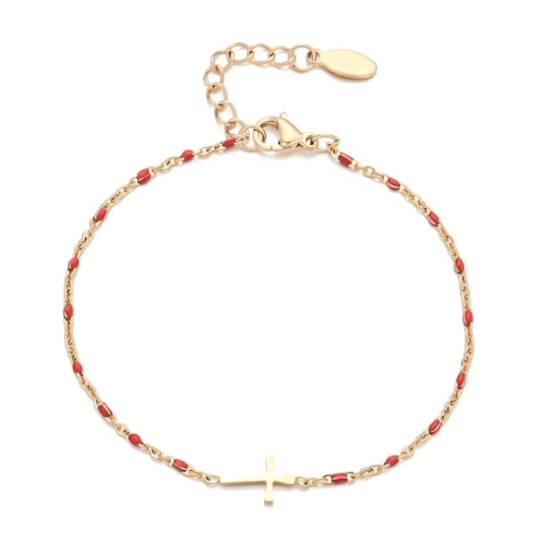 Gold cross bracelet with red beads