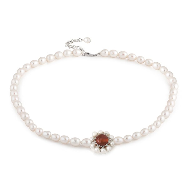 3-4mm oval pearl choker necklace with a red agate flower ornament