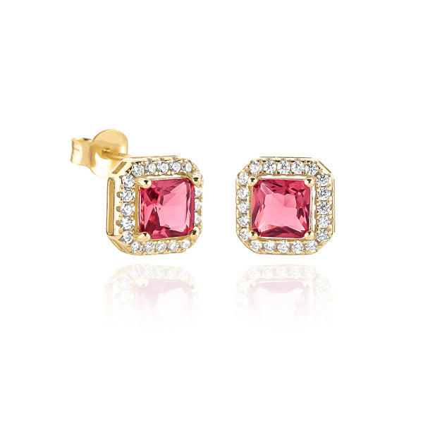 Red and gold square halo stud earrings