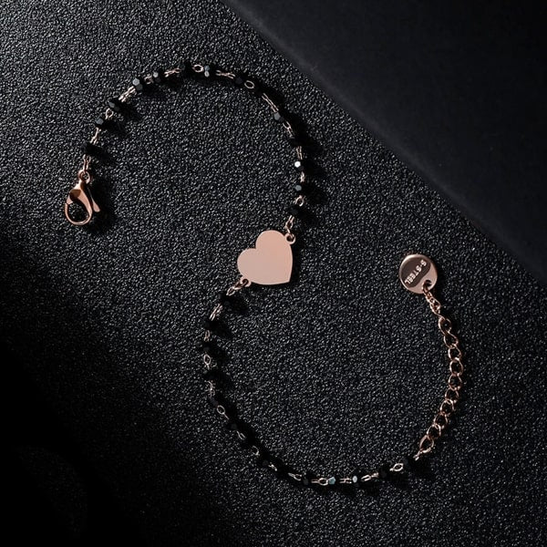 Waterproof rose gold heart bracelet made of stainless steel and black beads