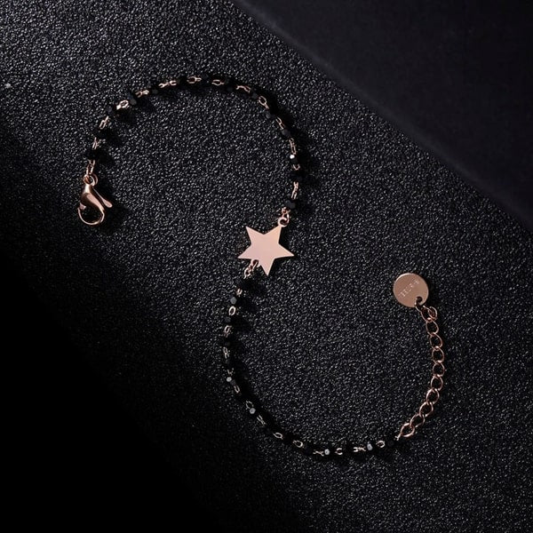 Waterproof rose gold star bracelet made of stainless steel and black beads