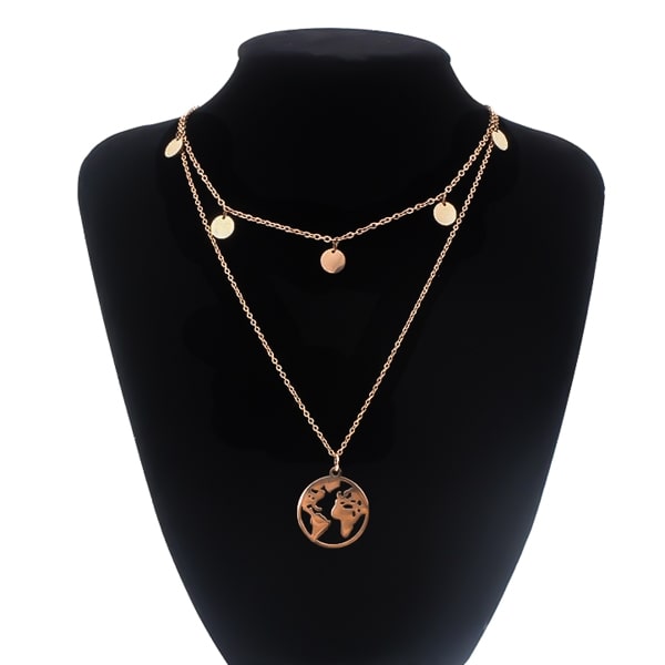 Rose gold two-layer necklace with round world pendant and dangling coin pendants