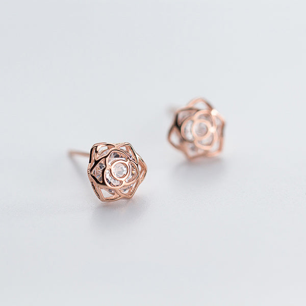 Rose gold crystal rose flower stud earrings