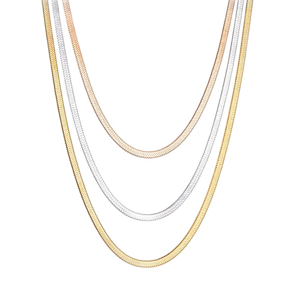 Rose gold, gold, and silver layered snake chain necklace