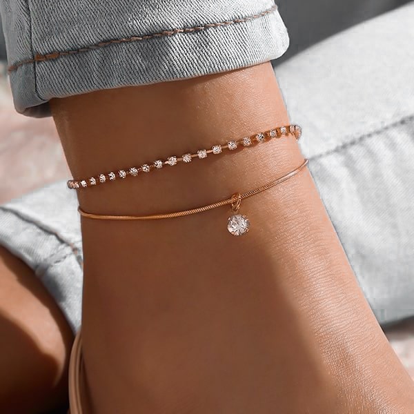 Rose gold two-layer crystal anklet