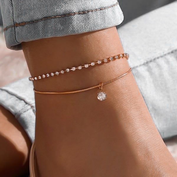 Rose Gold Two-Layer Crystal Anklet