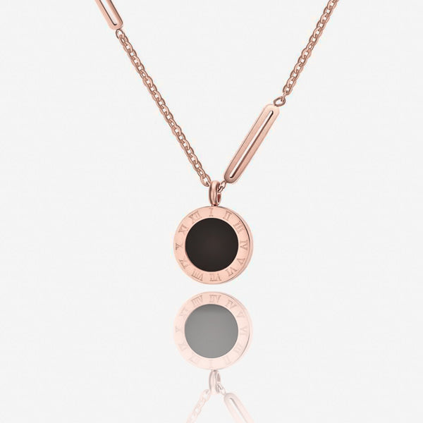 Rose gold Roman numeral coin necklace details