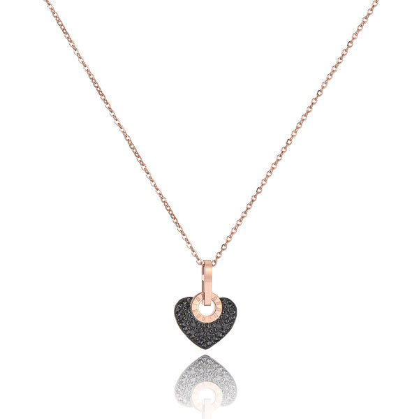 Black crystal heart pendant on a rose gold necklace