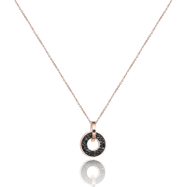 Black crystal ring pendant on a rose gold necklace