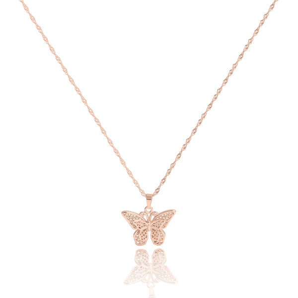 Rose gold butterfly necklace on a Singapore chain