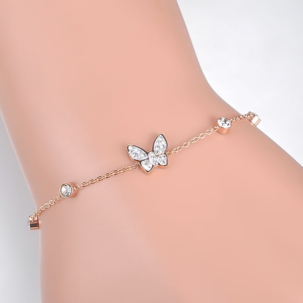 Rose gold crystal butterfly bracelet on woman's wrist