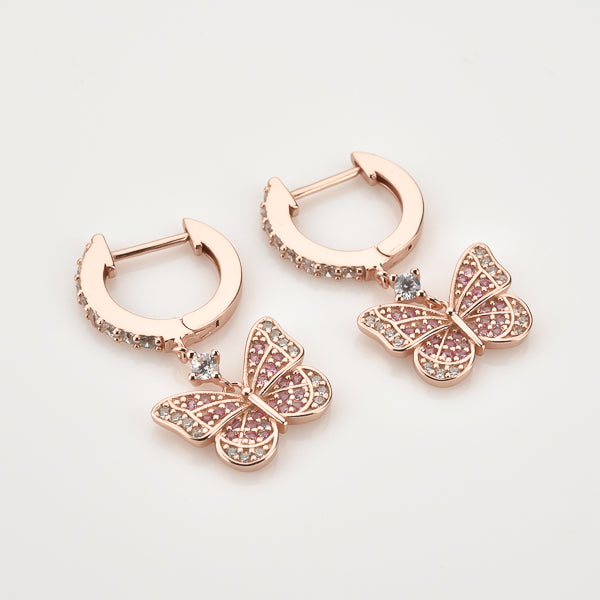 Rose gold crystal butterfly drop huggie hoop earrings
