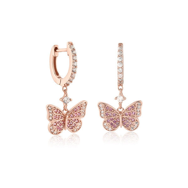 Rose gold crystal butterfly drop hoop earrings