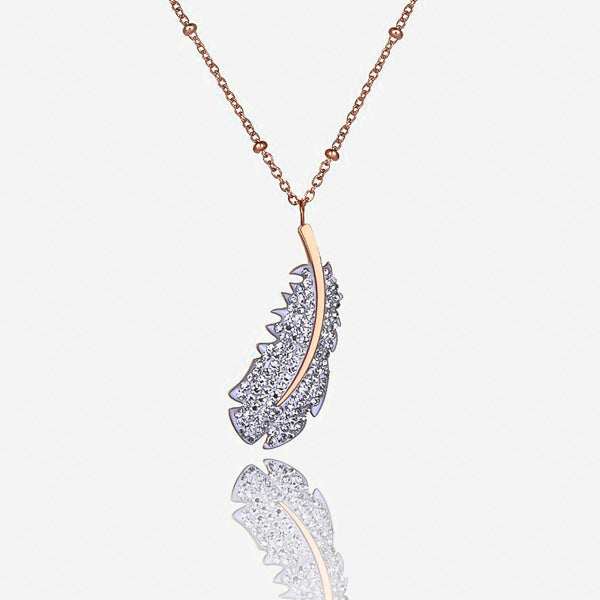 Rose gold crystal feather necklace details