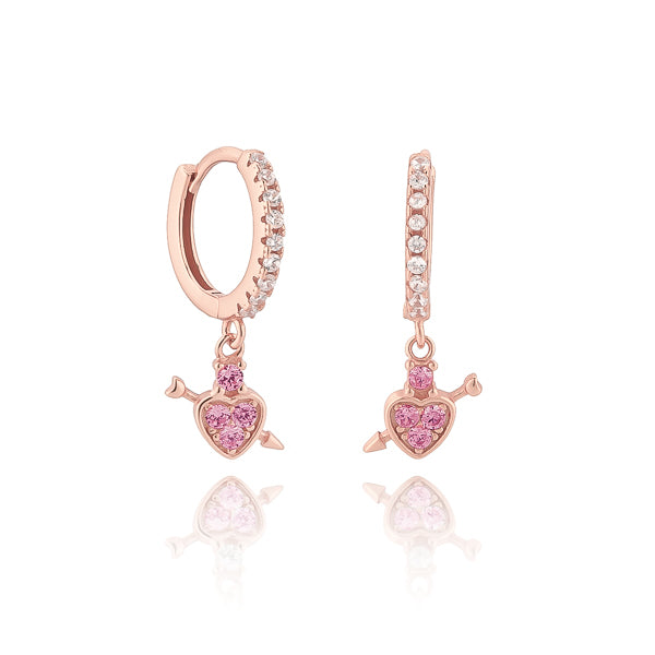 Rose gold crystal heart drop huggie hoop earrings