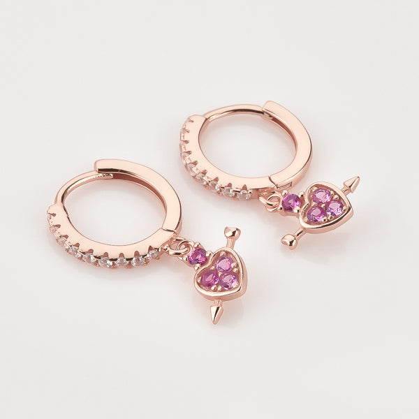Rose gold crystal heart drop huggie hoop earrings details