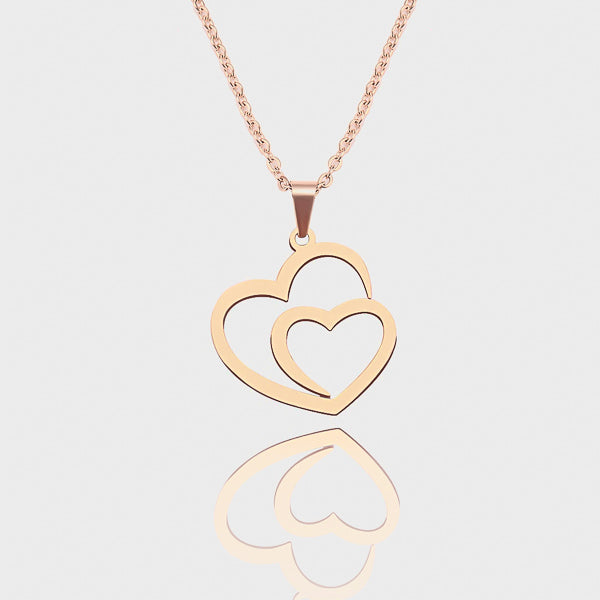 Rose gold double heart pendant necklace details