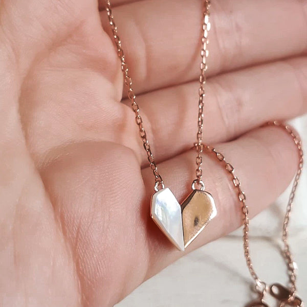 Rose gold folded heart necklace details