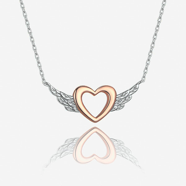 Rose gold heart & silver wings necklace details