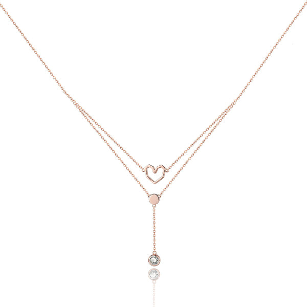 Rose gold layered heart necklace with a crystal drop chain