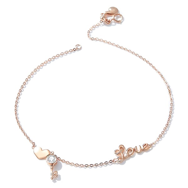 Rose gold vermeil love anklet with a heart and a key pendant