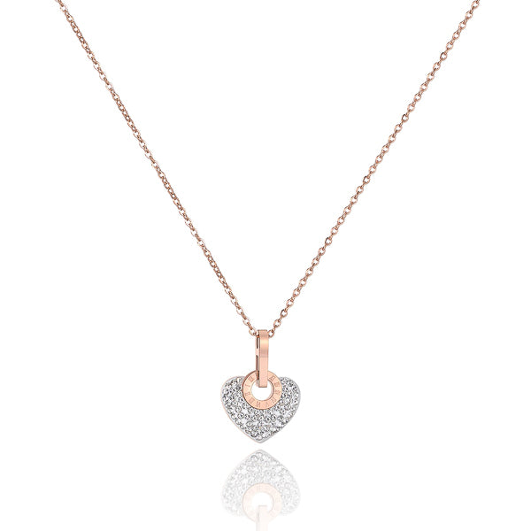 White crystal heart pendant on a rose gold necklace