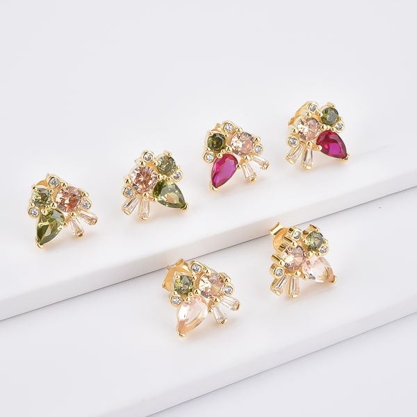 Rose red crystal cluster stud earrings details