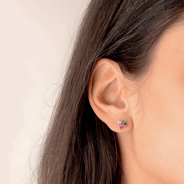 Woman wearing rose red crystal cluster stud earrings