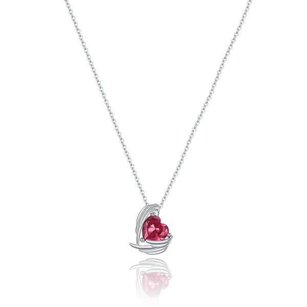 Rose red crystal heart and angel wings pendant on a silver chain