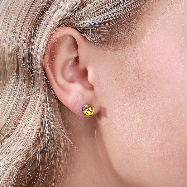 Round citrine yellow cubic zirconia stud earrings