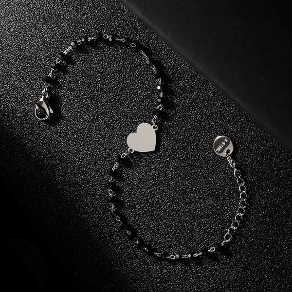 Waterproof silver heart bracelet made of stainless steel and black beads