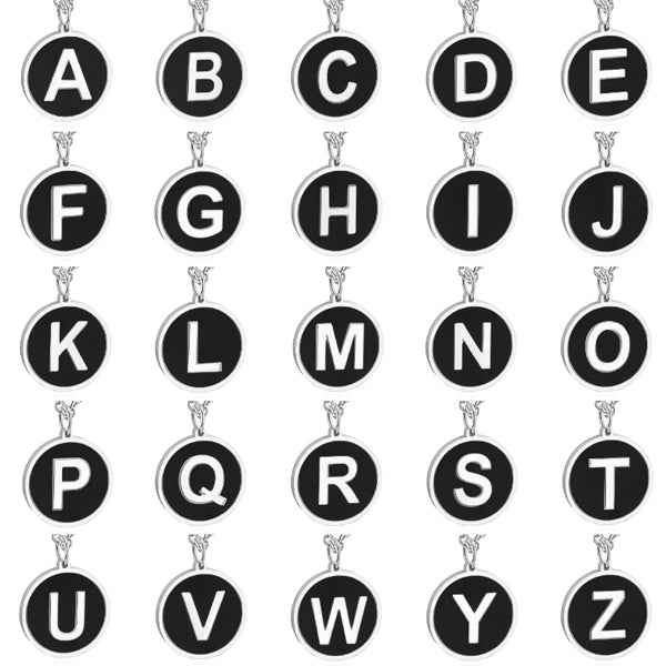 Round silver and black initial letter pendants for necklace